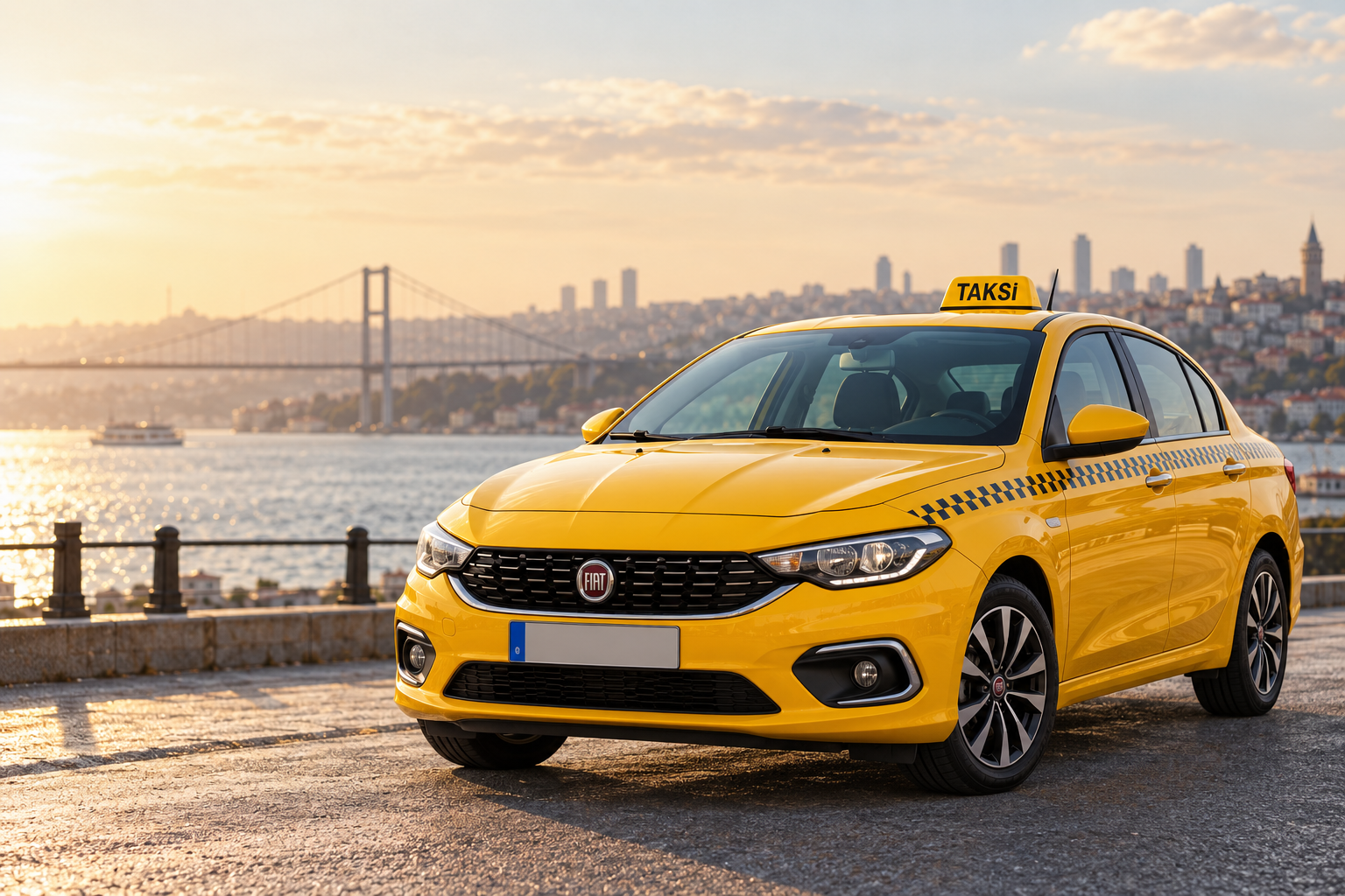 İstanbul manzarasında ön plakası Mahir Ticaret logolu sarı Fiat Egea taksi, tanıtım görseli
